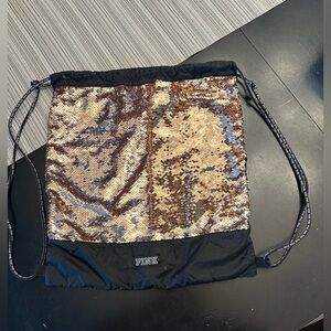PINK Victoria's Secret Sequin Drawstring Bag, rose gold sequins, logo, EUC